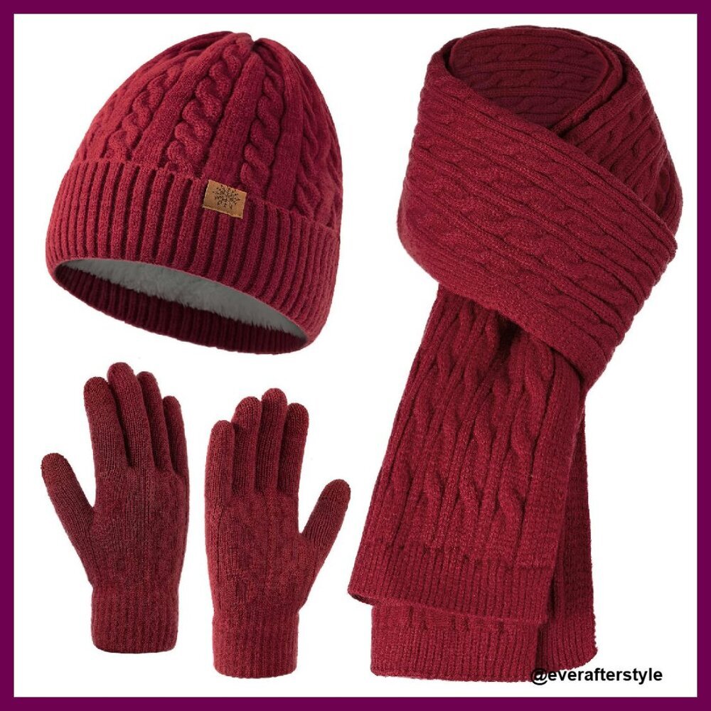 Winter Knit Hat Scarf Gloves Set Touchscreen Warm Cold Weather Accessories